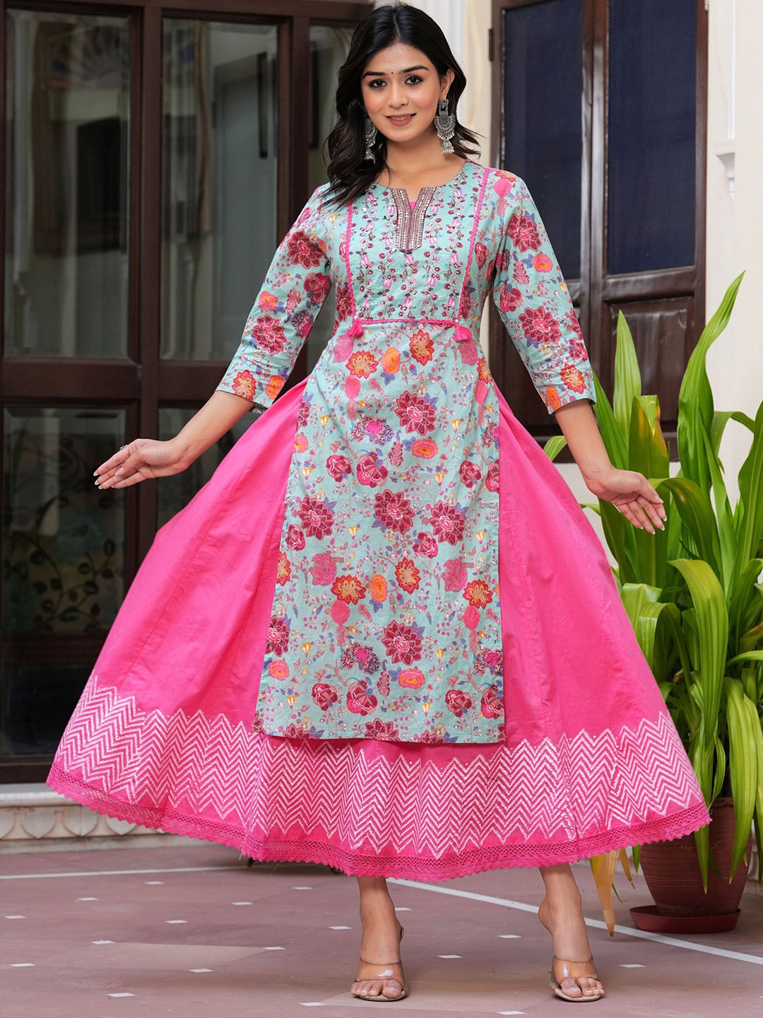 

PREKSHA Floral Printed Notched Neck Cotton A-Line Dress, Turquoise blue