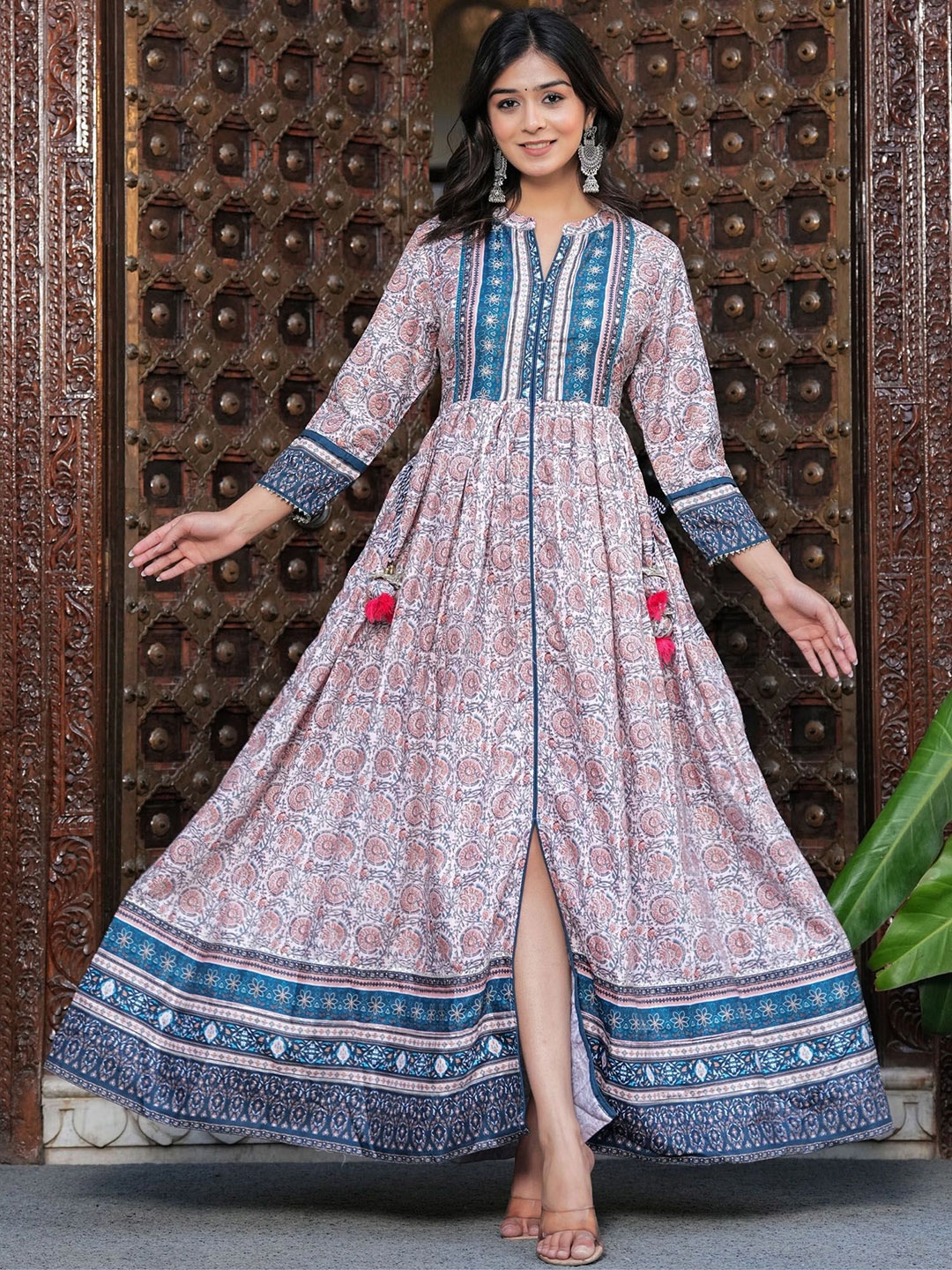 

PREKSHA Ethnic Motifs Printed Mandarin Collar A-Line Dress, Beige