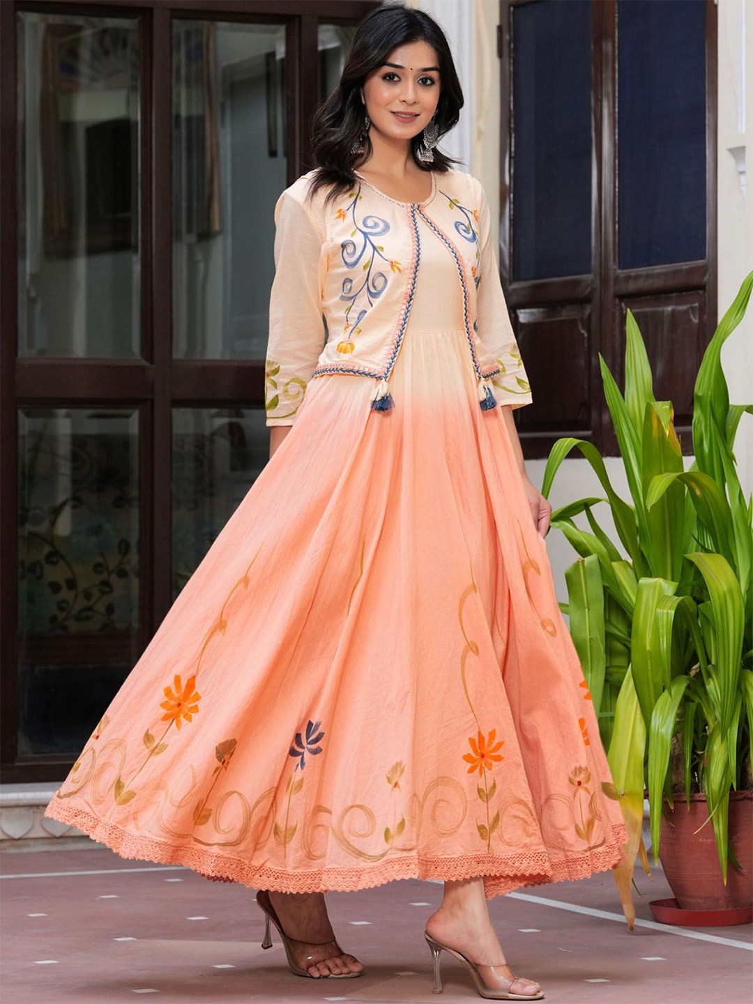 

PREKSHA Floral Printed Round Neck Cotton A-Line Dress, Peach