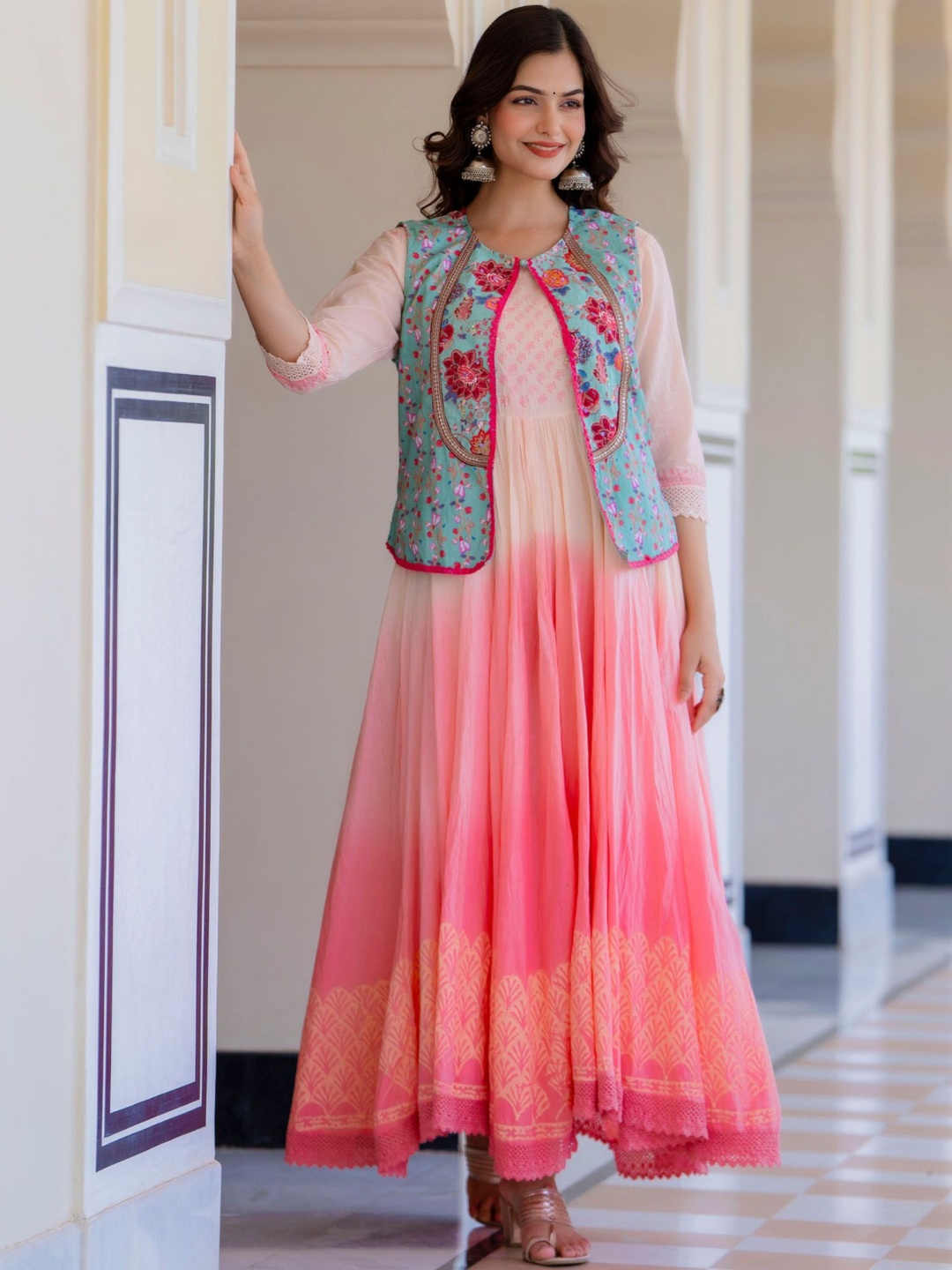 

PREKSHA Floral Printed Embroidered Fit & Flare Maxi Dress With Jacket, Turquoise blue