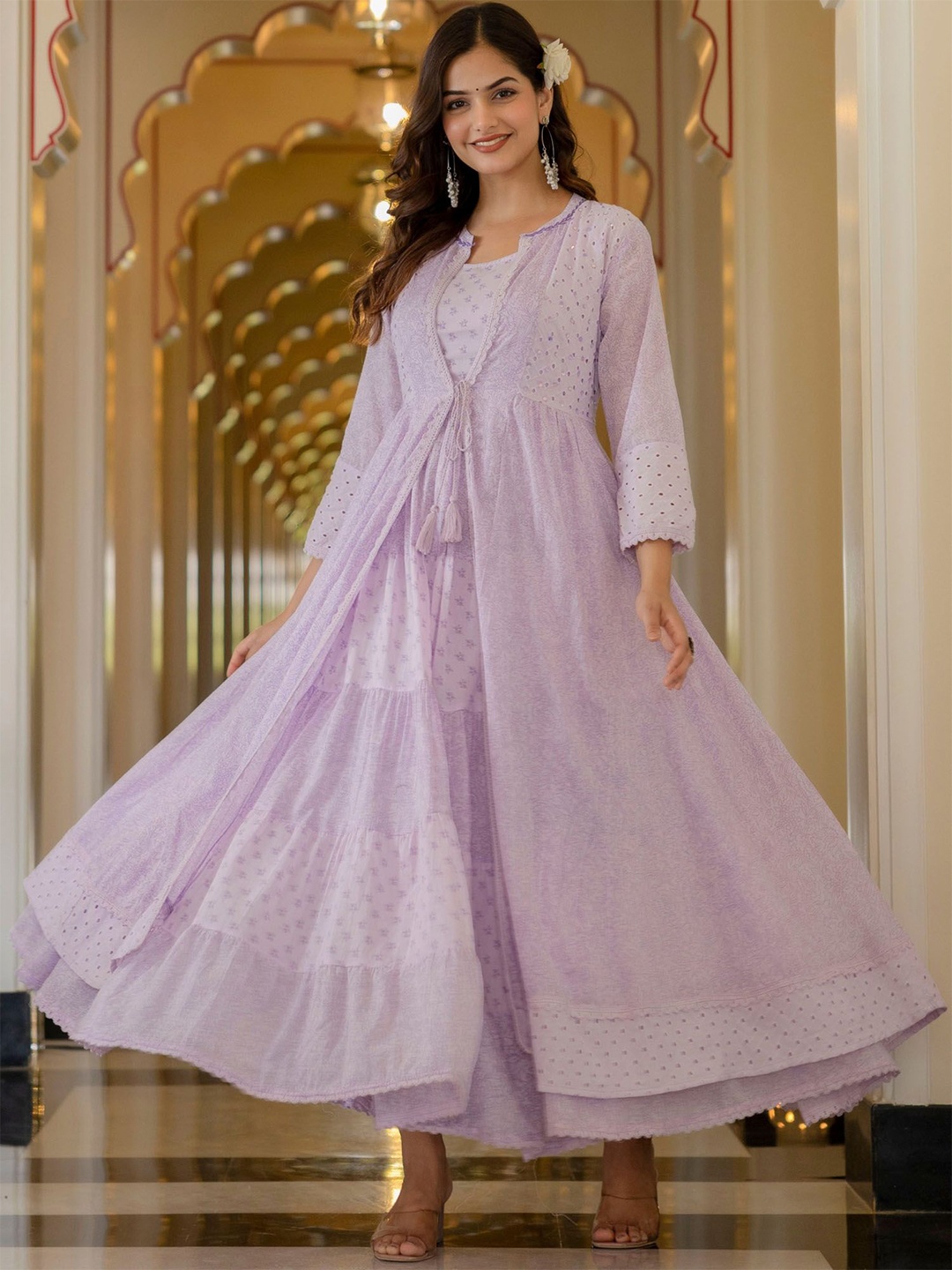 

PREKSHA Floral Printed Round Neck Cotton A-Line Dress, Lavender