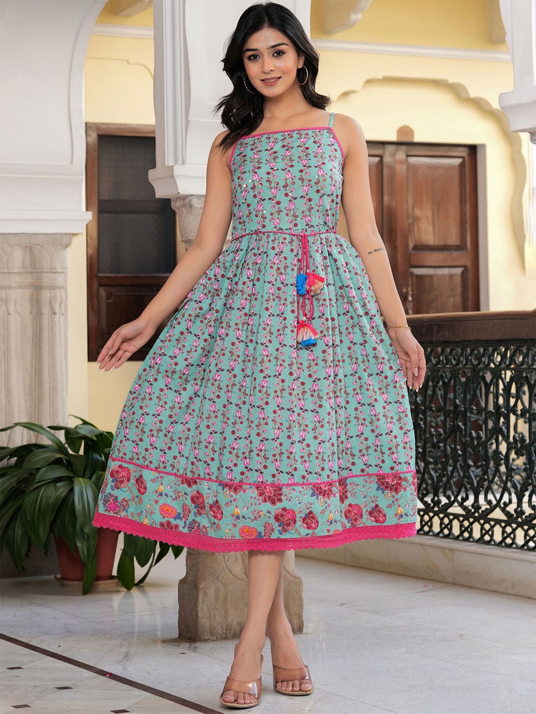 

PREKSHA Floral Printed Cotton A-Line Midi Dress, Turquoise blue