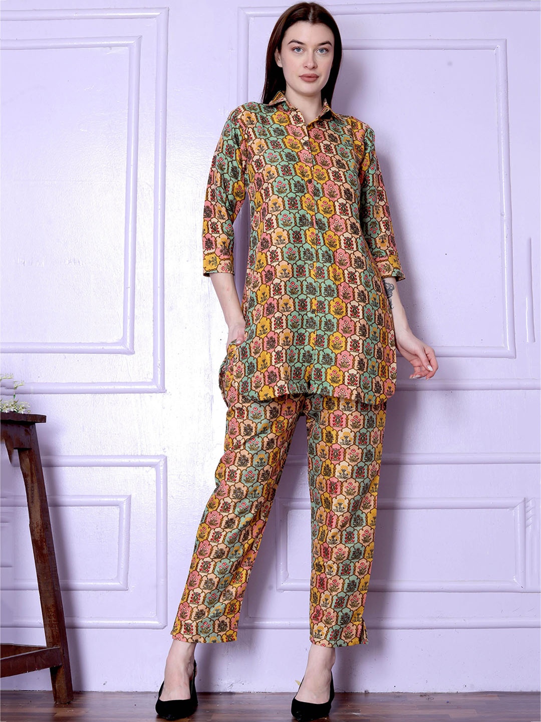 

ISHA TRADE Printed Shirt Collar Neck Shirt With Straight Trouser Co-Ord, Pink