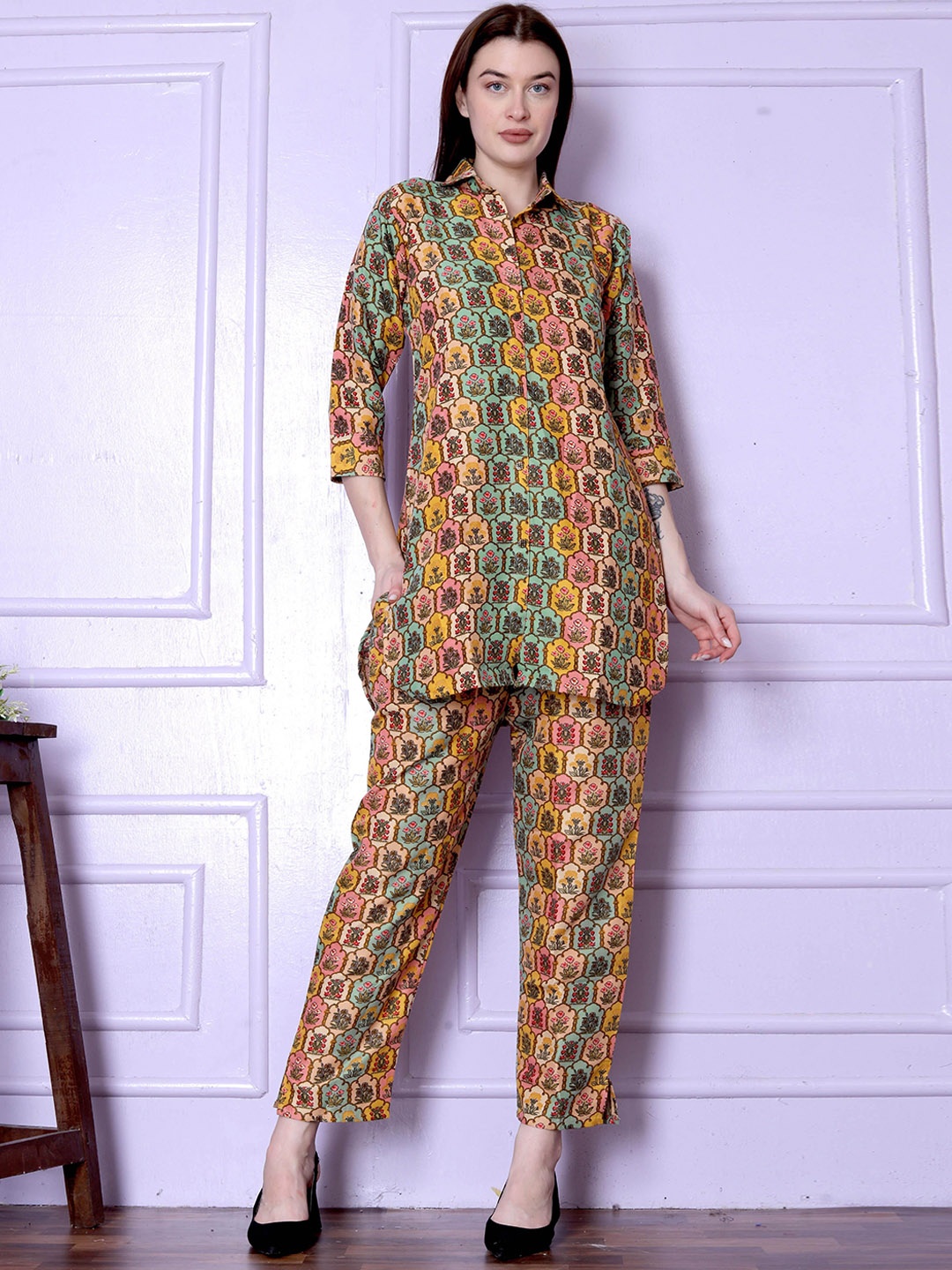 

ISHA TRADE Floral Printed Three-Quarter Sleeves Tunic & Trouser, Pink
