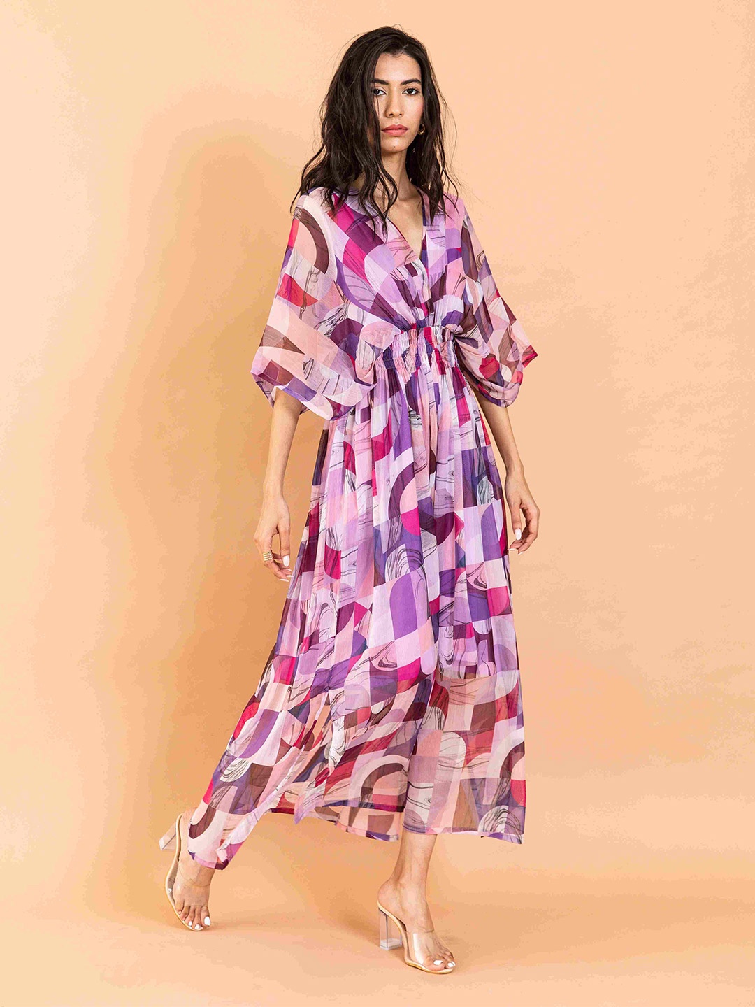 

AROOP INDIA Printed Kimono Sleeves Maxi Dress, Violet
