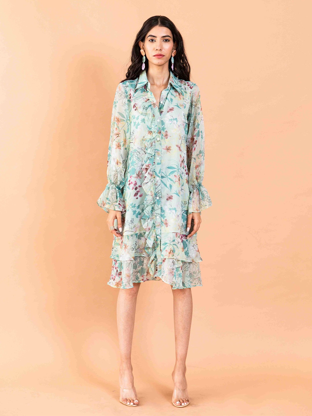 

AROOP INDIA Floral Print A-Line Dress, Sea green