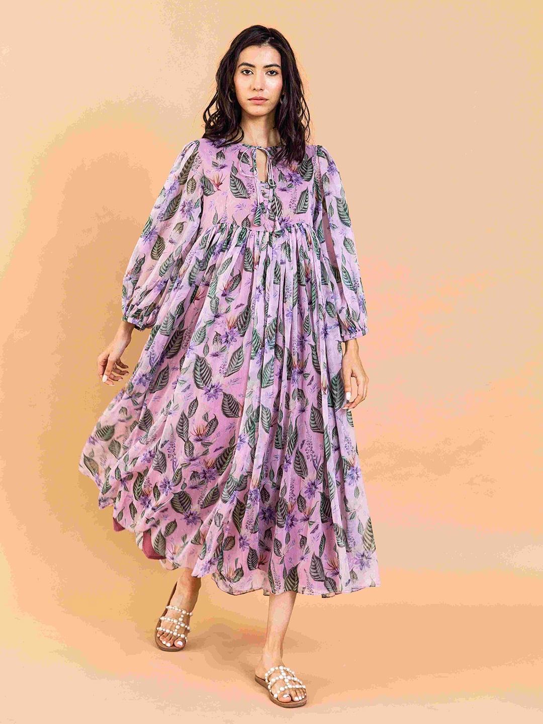 

AROOP INDIA Floral Print Fit & Flare Dress, Lavender