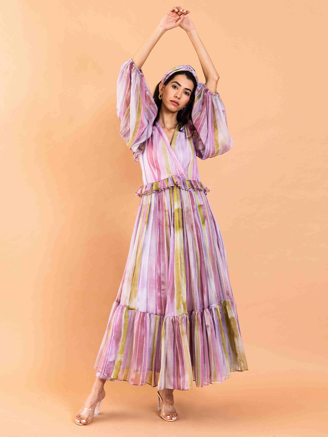 

AROOP INDIA Striped Puff Sleeve Chiffon Dress, Multi