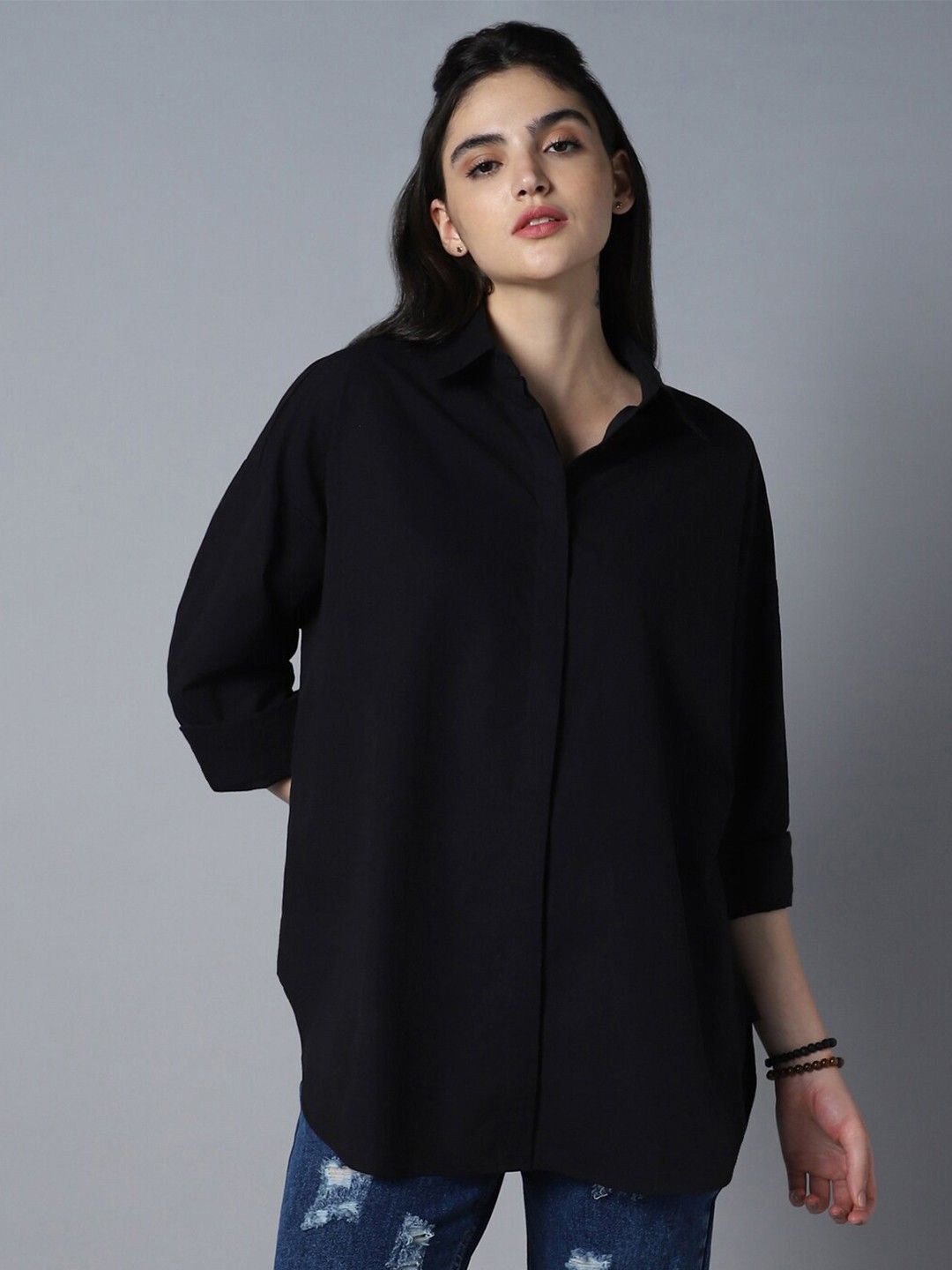 

Fab Star Comfort Oversized Fit Spread Collar Long Sleeves Cotton Longline Casual Shirt, Black