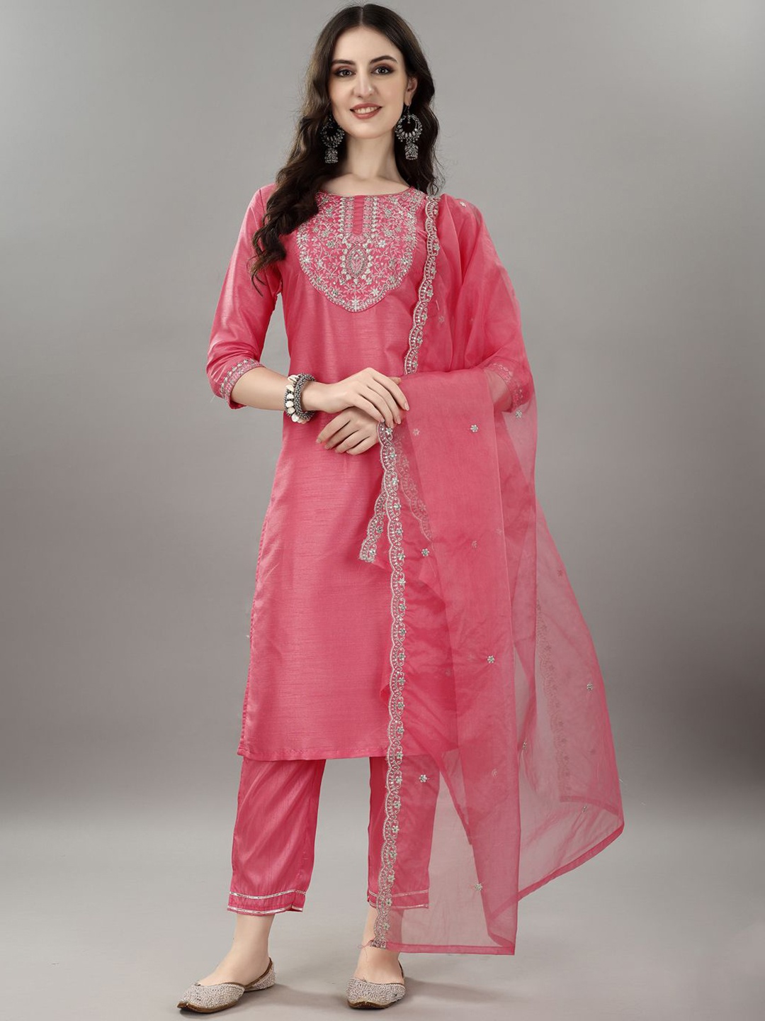 

Modestouze Attires Floral Embroidered Sequinned Straight Kurta With Trousers & Dupatta, Pink