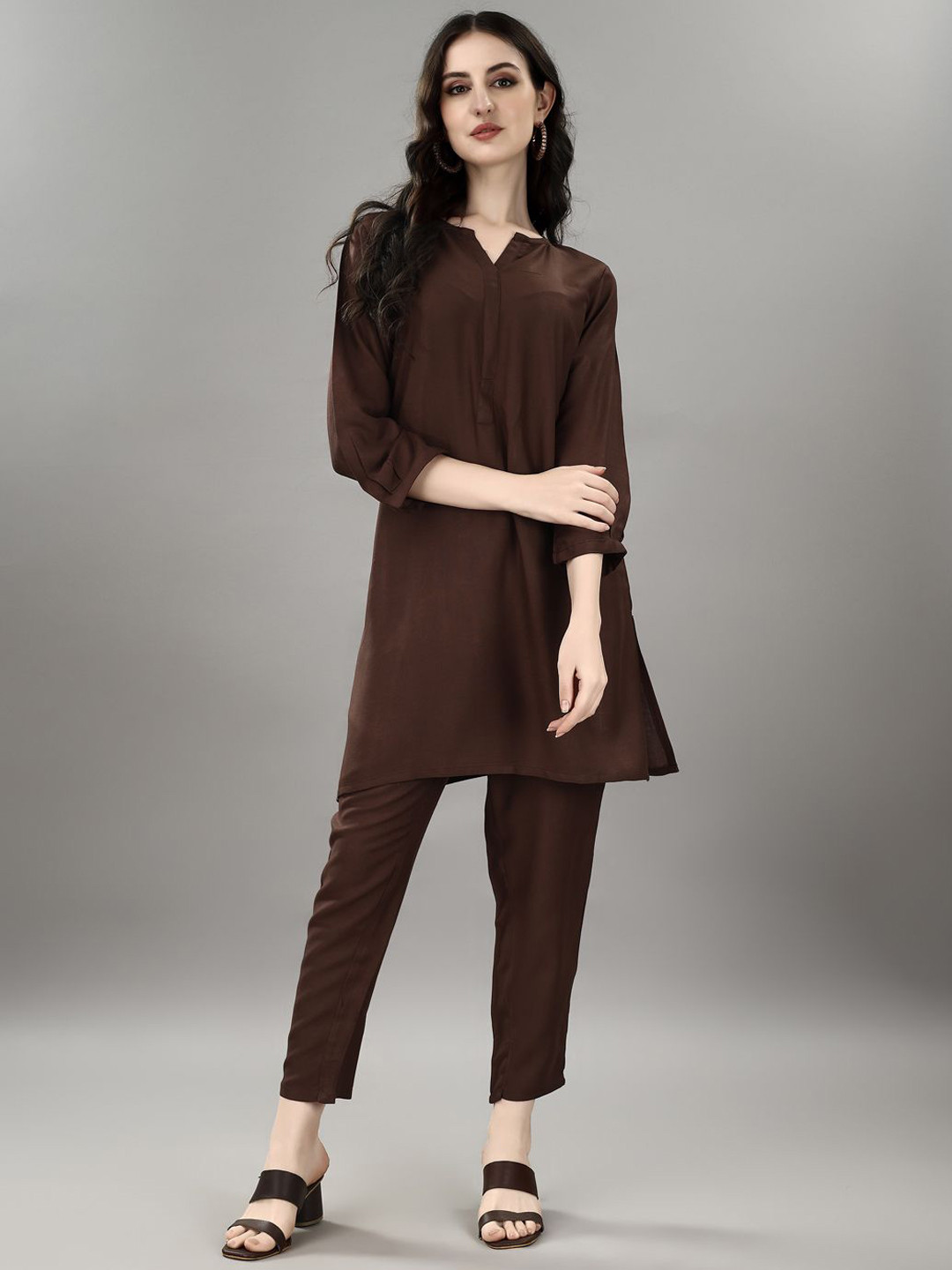 

Modestouze Attires V-Neck Puff Sleeves Regular Pakistani Style Kurta With Trousers, Brown