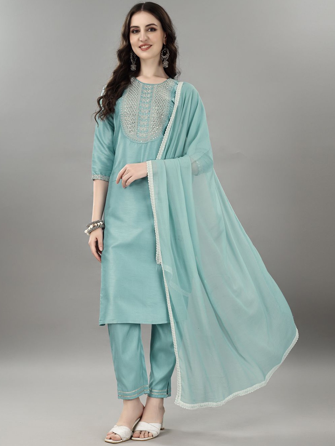 

Modestouze Attires Floral Embroidered Sequinned Straight Kurta With Palazzos & Dupatta, Blue