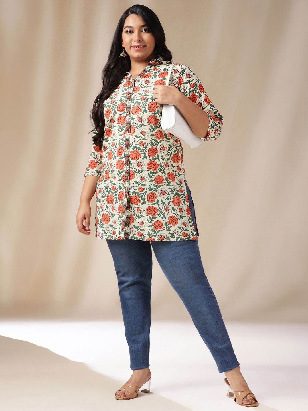 Janasya Plus Size Floral Printed Shirt Collar Cotton Tunic, Cream