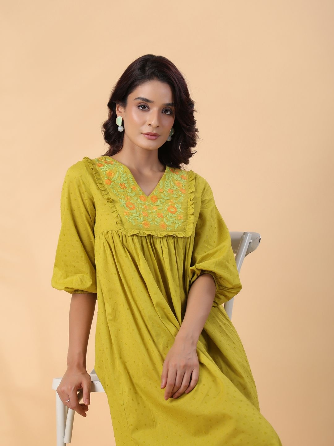 

Janasya Self Design Embroidered Puff Sleeves Cotton Dobby A-Line Midi Dress, Green