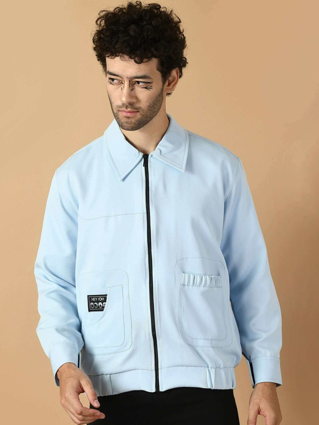 

OFFMINT Spread Collar Lightweight Cotton Open Front Jacket, Turquoise blue