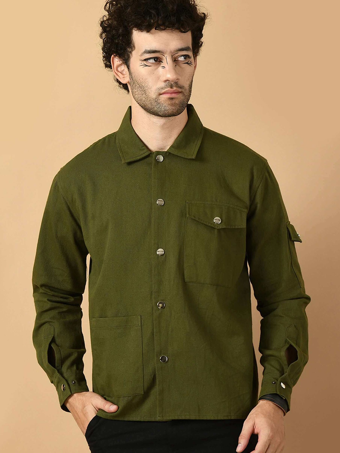 

OFFMINT Spread Collar Lightweight Cotton Denim Jacket, Olive