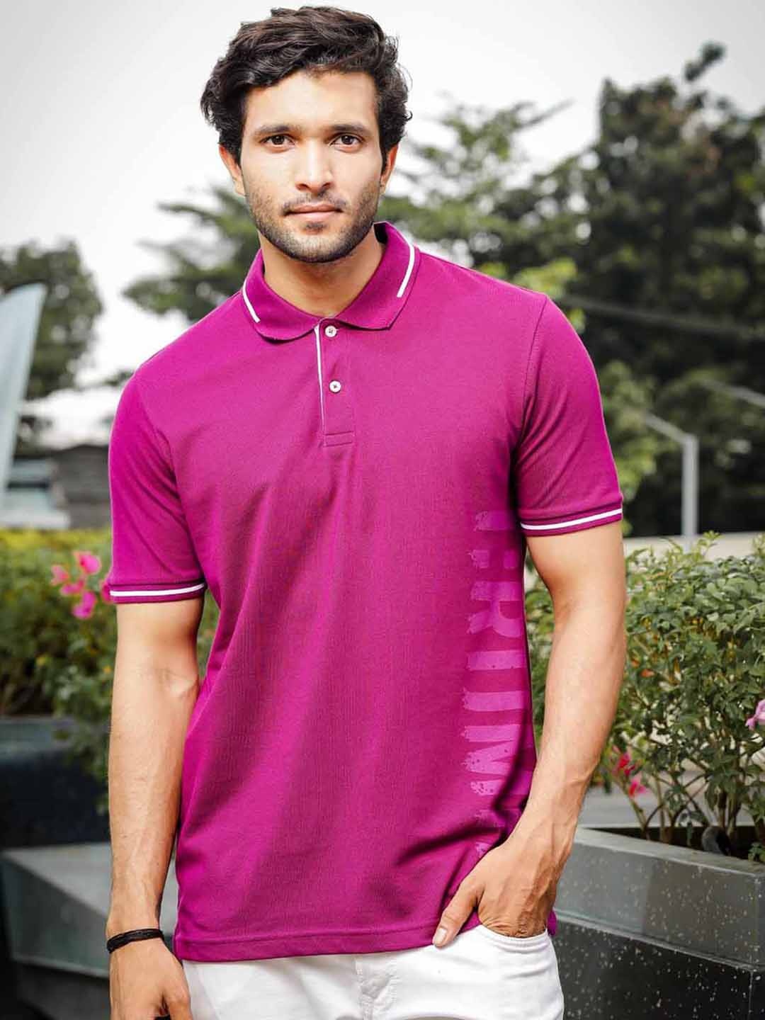 

ONE SKY Typography Printed Polo Collar Pure Cotton Casual T-Shirt, Purple