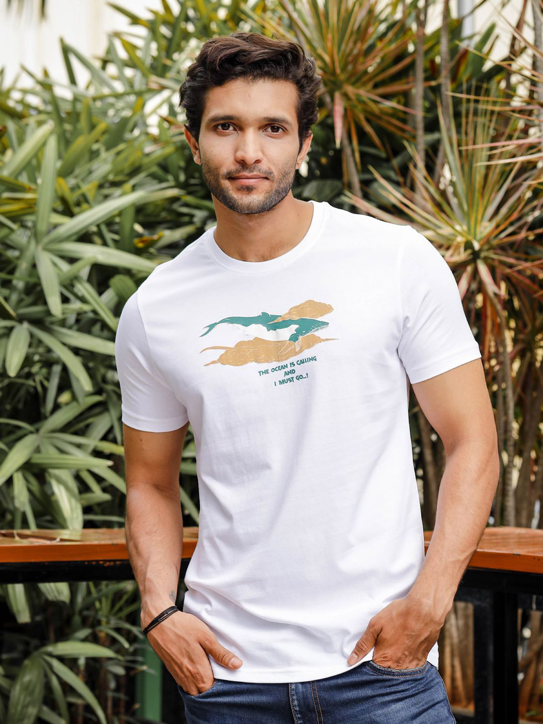 

ONE SKY Graphic Printed Round Neck Short Sleeves Pure Cotton Casual T-Shirt, White
