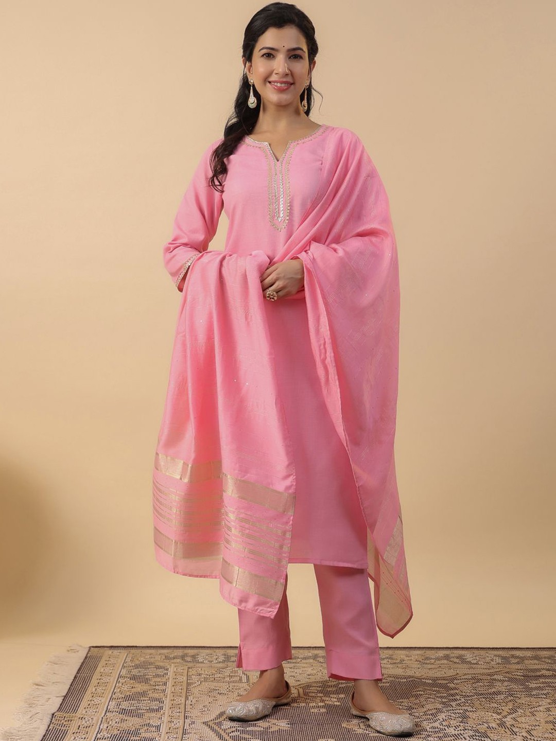 

KALINI Notched Neck Gotta Patti Pure Cotton Straight Kurta with Trousers & Dupatta, Pink