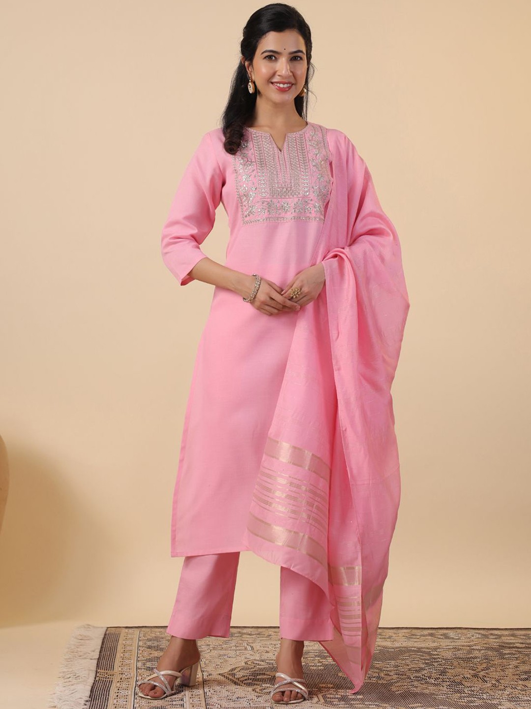 

KALINI Floral Embroidered Sequinned Pure Cotton Straight Kurta With Trousers & Dupatta, Pink