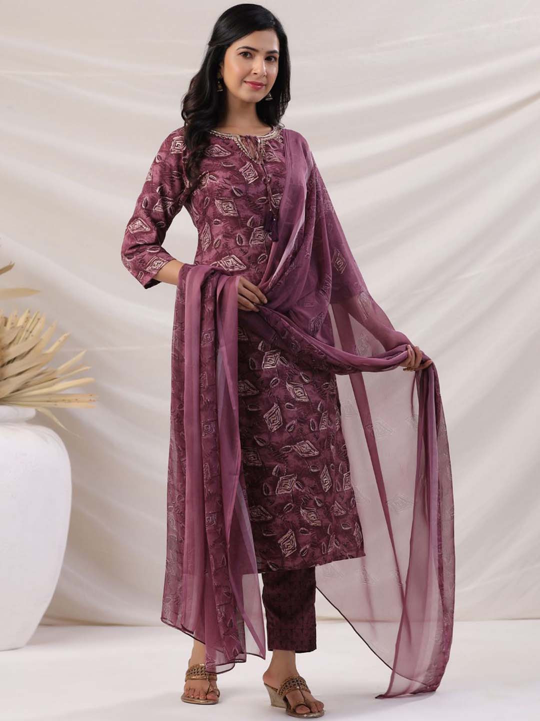 

KALINI Floral Printed Beads And Stones Straight Kurta With Trousers & Dupatta, Violet