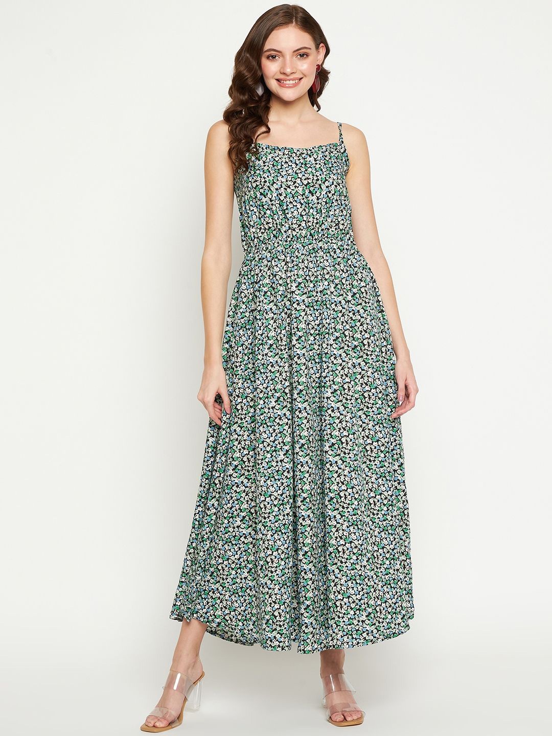 

Fashfun Women Floral Print Shoulder Straps Maxi Dress, Green
