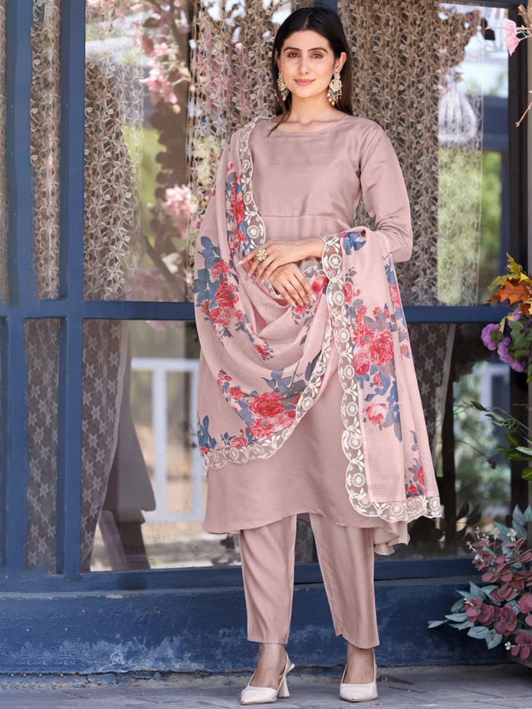 

Crally Long Sleeves Anarkali Chanderi Cotton Flared Kurta With Trousers & Dupatta, Peach