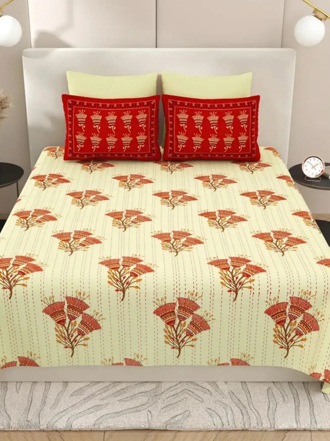 

LIVING ROOTS Super King Size Jaipur Block Print Cotton Double Bedsheet & 2 Pillow Covers, Red