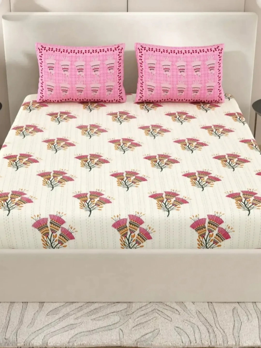 

LIVING ROOTS Super King Size Jaipur Block Print Cotton Double Bedsheet & 2 Pillow Covers, Pink