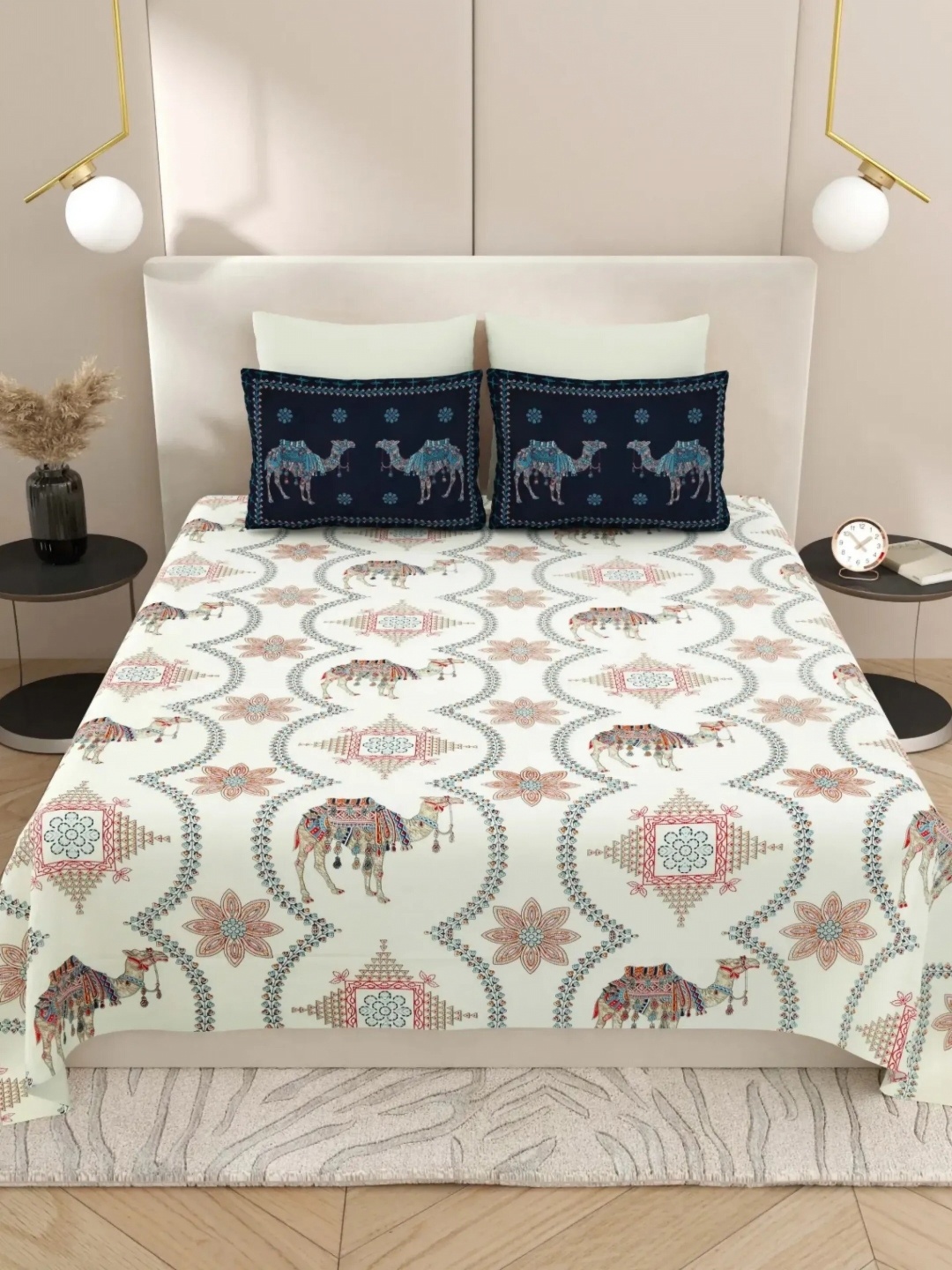

LIVING ROOTS Super King Size Jaipur Block Print Cotton Double Bedsheet & 2 Pillow Covers, Cream