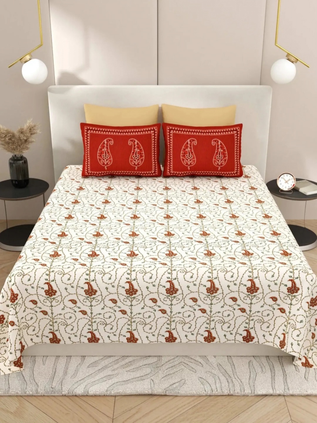 

LIVING ROOTS Super King Size Jaipur Block Print Cotton Double Bedsheet & 2 Pillow Covers, White