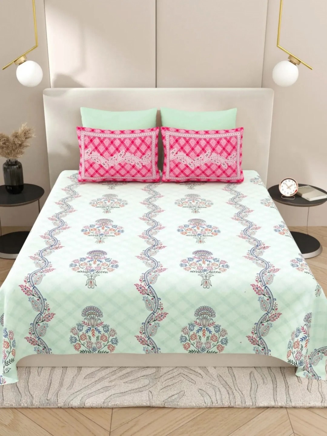 

LIVING ROOTS Green & Pink Floral Pure Cotton 300 TC King Bedsheet with 2 Pillow Covers