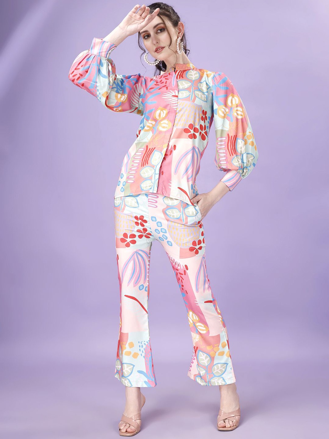 

ISHA TRADE Abstract Printed Mandarin Collar Bishop Sleeves Shirt & Trousers, White