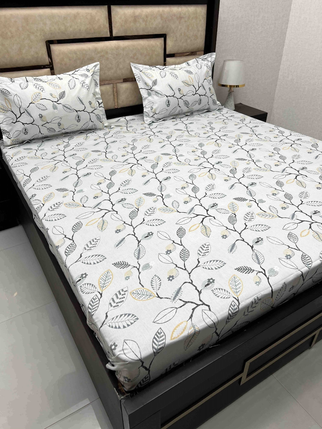 

Pure Decor Grey & Mustard Floral Pure Cotton 400 TC Queen Bedsheet with 2 Pillow Covers