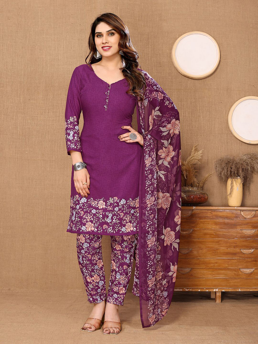 

ANAND SAREES Floral Printed Unstitched Dress Material, Purple