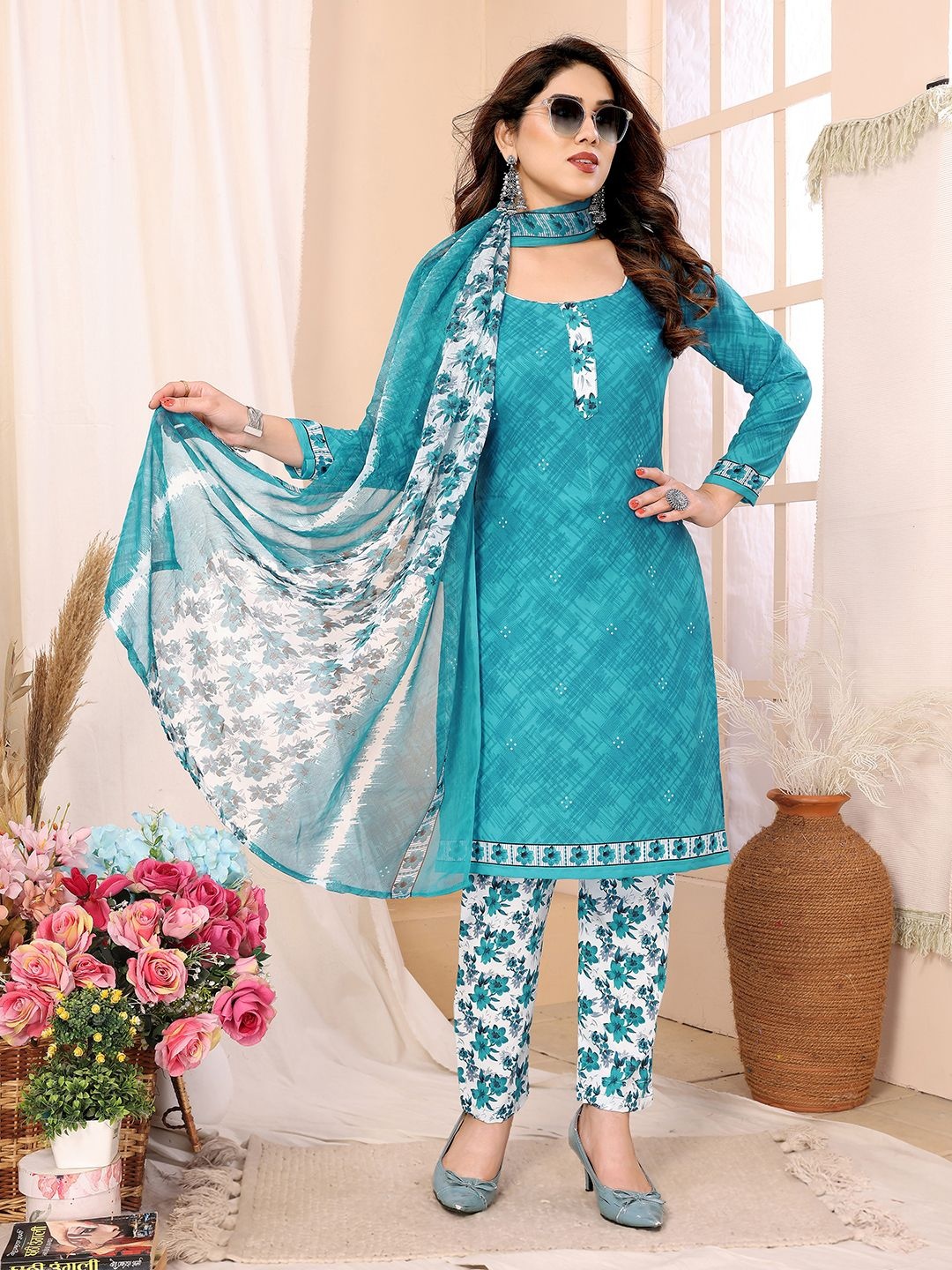 

ANAND SAREES Abstract Printed Unstitched Dress Material, Blue