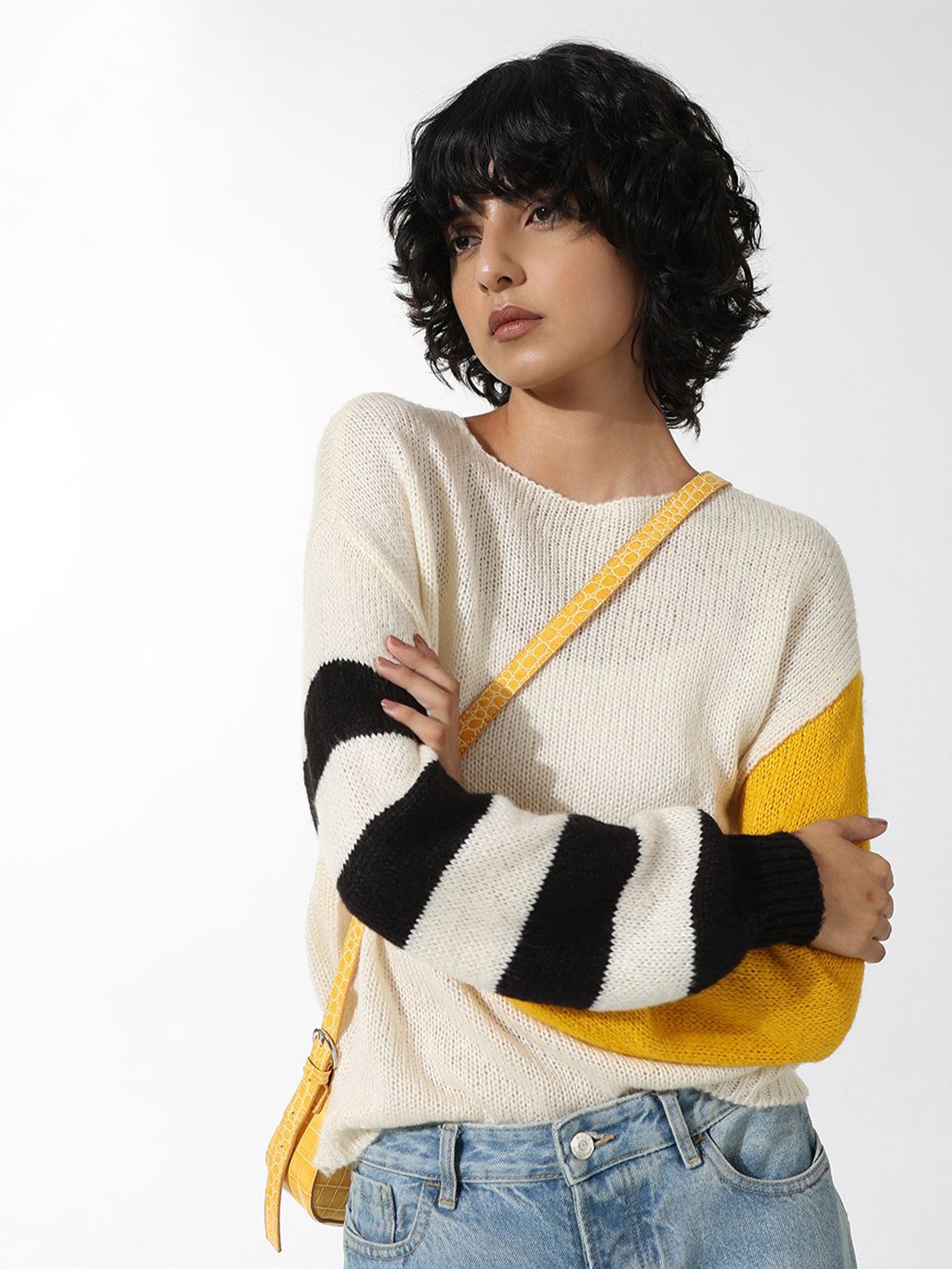 

ONLY ONLDHUGO LS Colourblocked Acrylic Ribbed Pullover, Cream