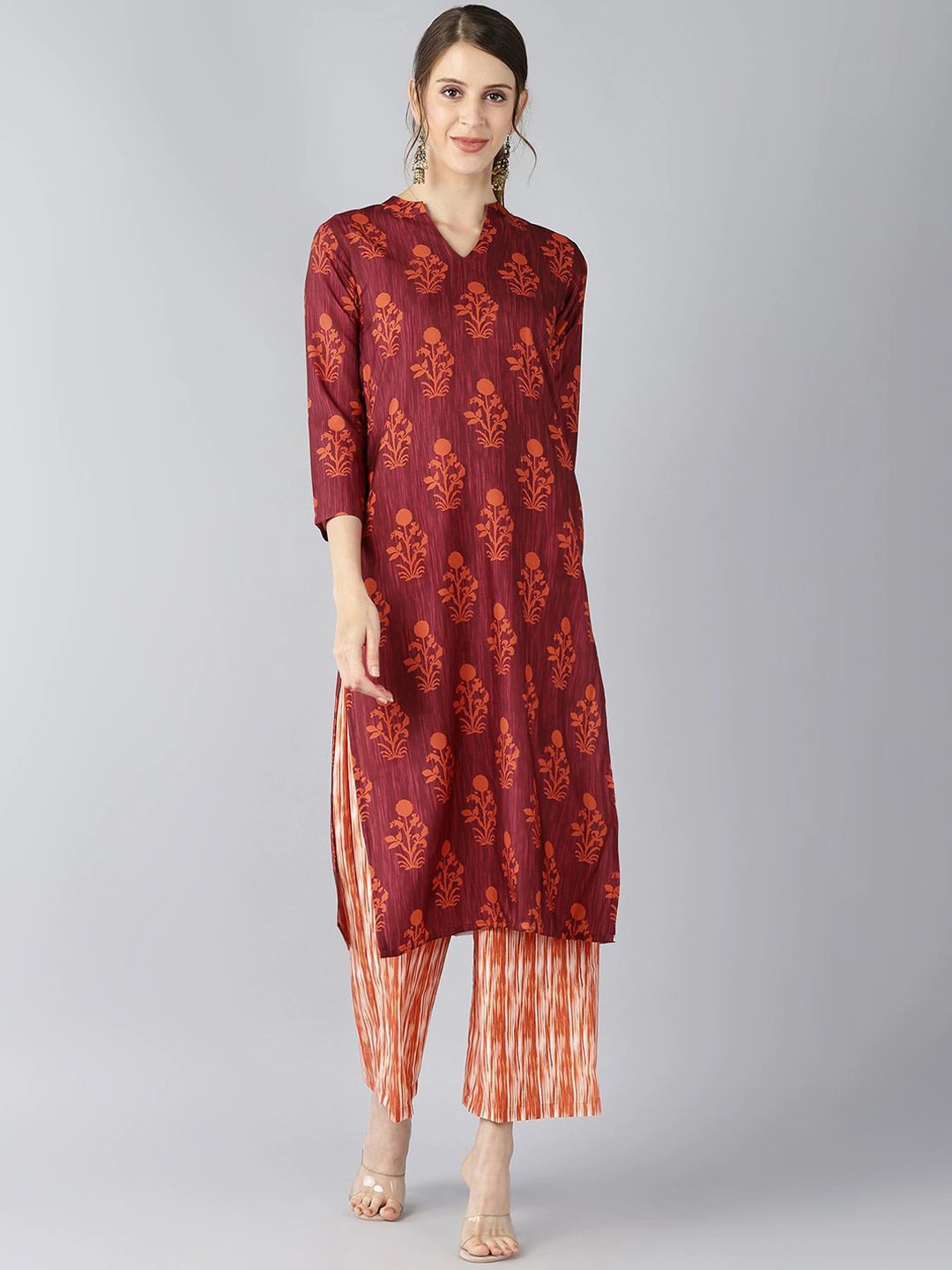 

KALINI Floral Printed Mandarin Collar Straight Kurta With Palazzo, Maroon