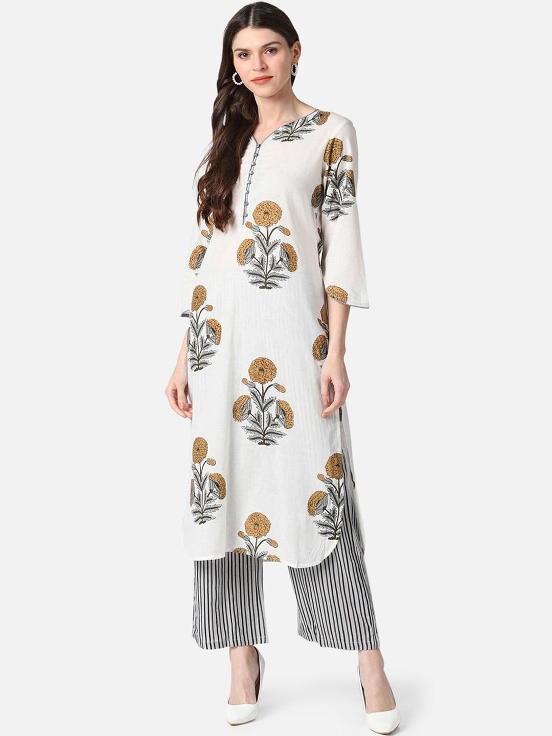 

KALINI Ethnic Motifs Printed Round Neck Pure Cotton Straight Kurta with Palazzos, White