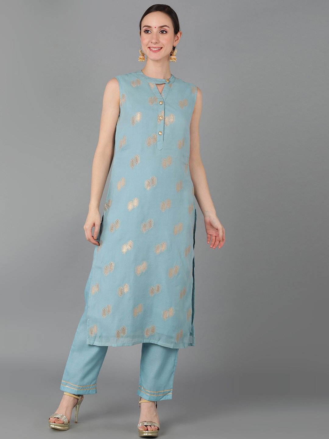 

KALINI Flora Woven Design Keyhole Neck Straight Kurta with Trousers, Blue