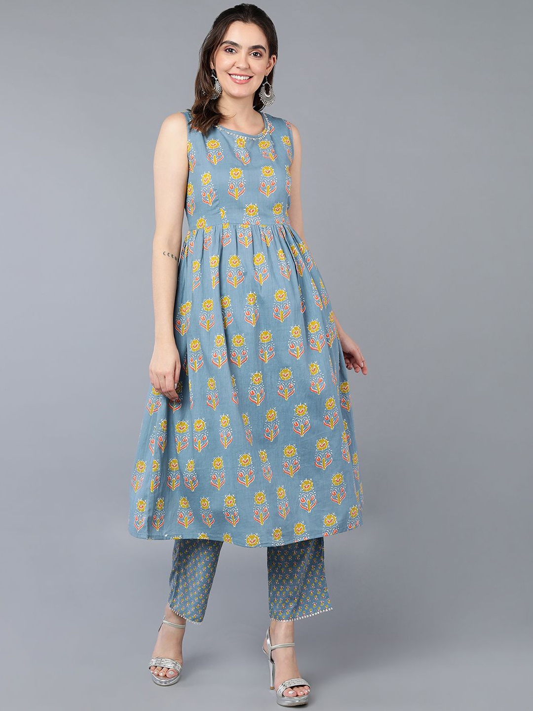 

KALINI Floral Printed Pleated Gotta Patti Pure Cotton A-Line Kurta with Trousers, Blue