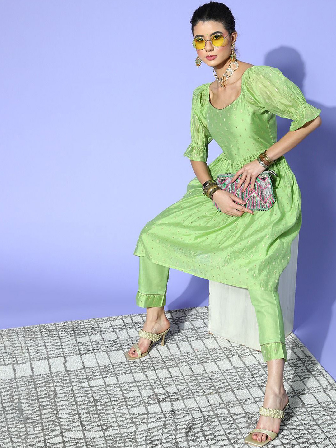 

KALINI Ethnic Woven Design Puffed Sleeves Empire Zari A-Line Kurta With Trousers, Green