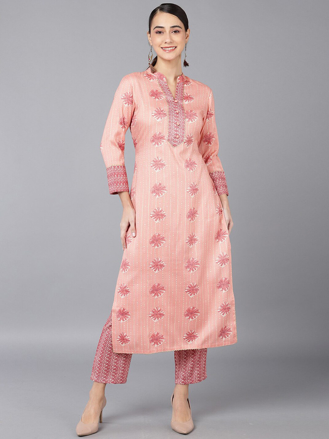 

KALINI Ethnic Motifs Printed Mandarin Collar Straight Kurta with Trousers, Orange