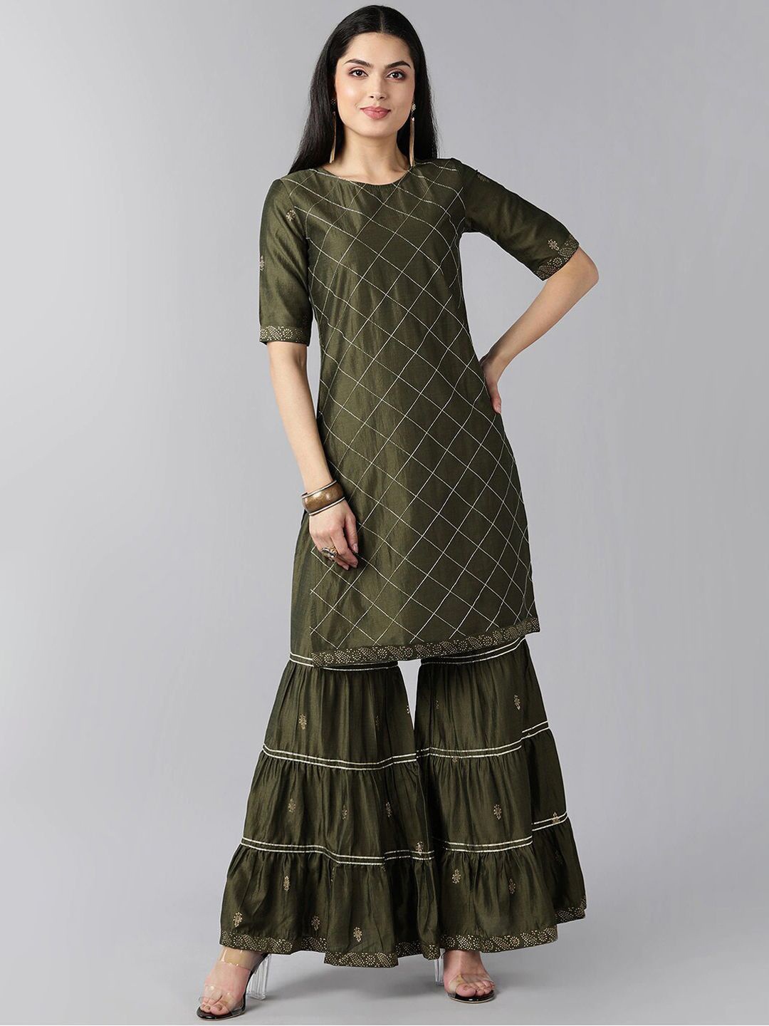 

KALINI Checked Embroidered Regular Thread Work Kurta with Sharara, Green