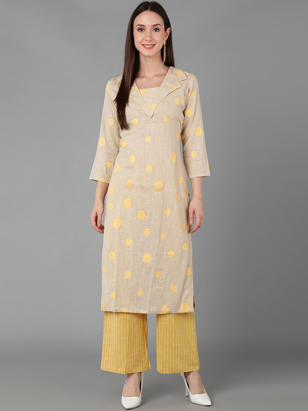 

KALINI WomenPolk Dots Printed Shawl Collar Pure Cotton Straight Kurta with Palazzos, Beige