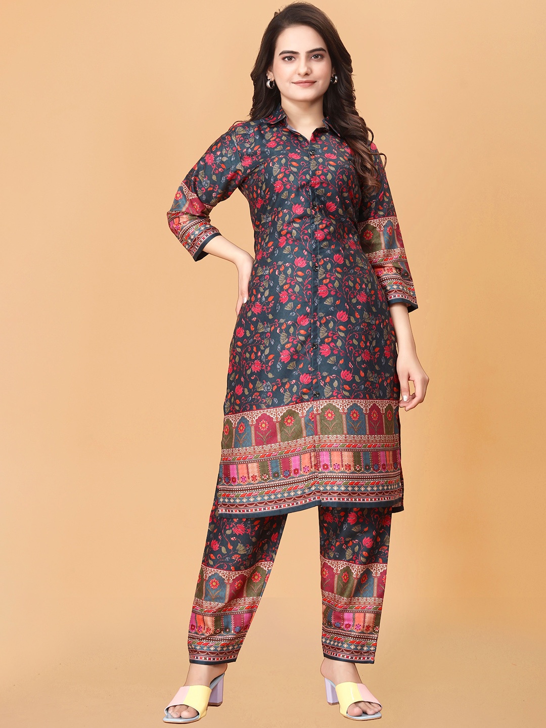 

ISHA TRADE Floral Printed Shirt Collar Three-Quarter Sleeves Tunic With Trousers, Black