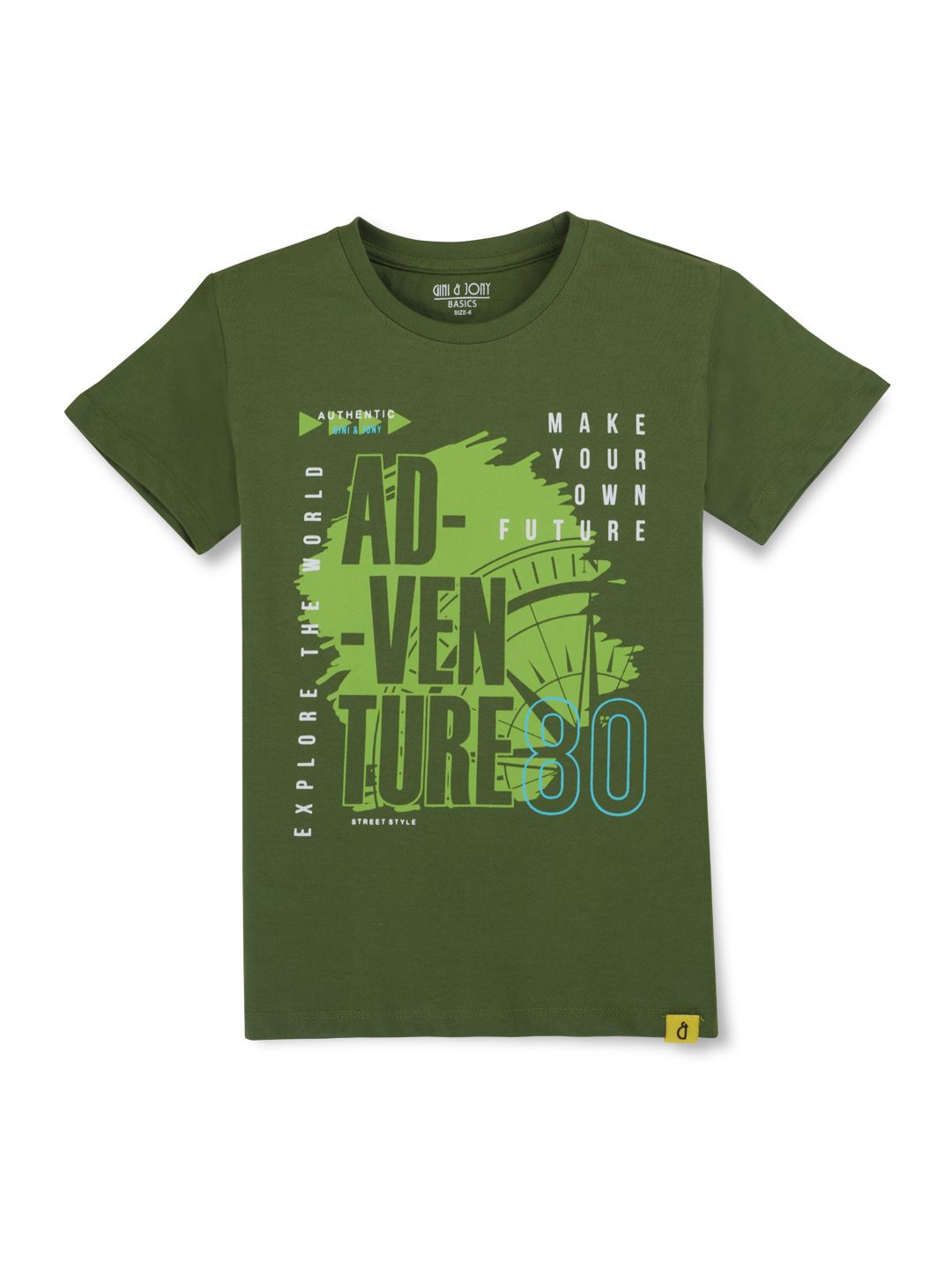 

Gini and Jony Boys Typography Printed Cotton T-shirt, Olive