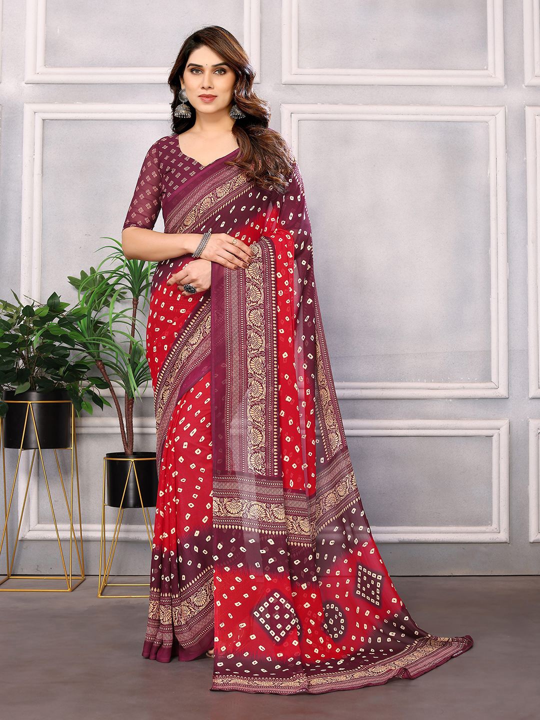 

Moda Rapido Bandhani Ethnic Motifs Printed Saree, Red