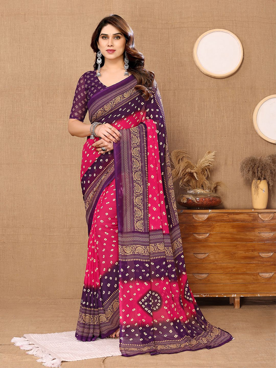 

ANAND SAREES Bandhani Printed Saree, Pink