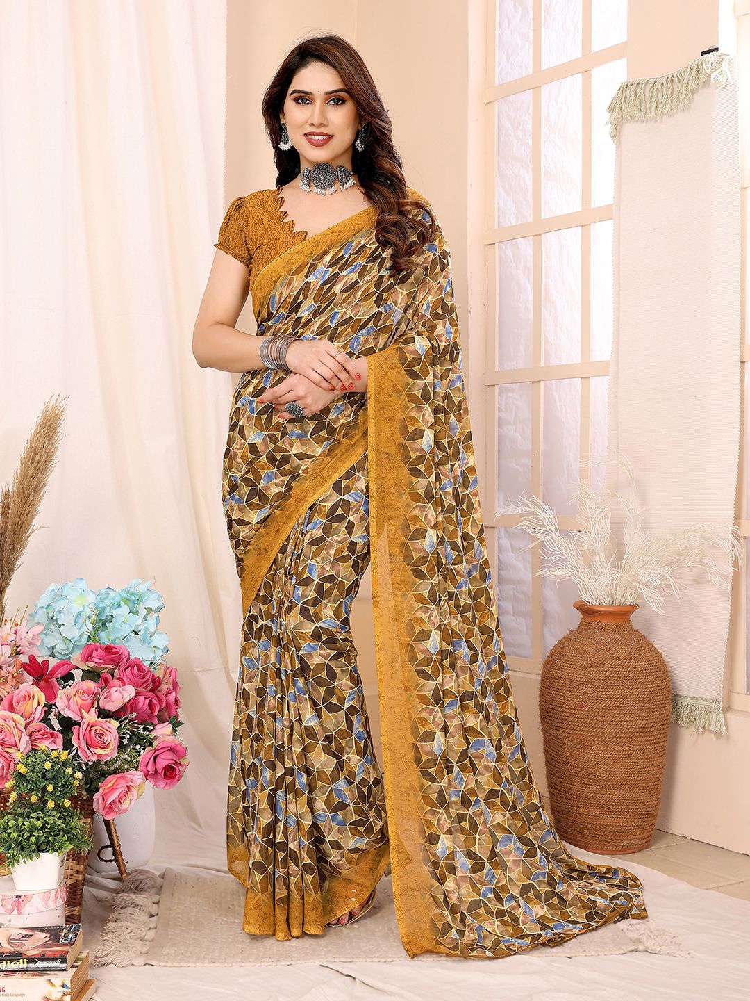 

ANAND SAREES Geometric printed Saree, Yellow